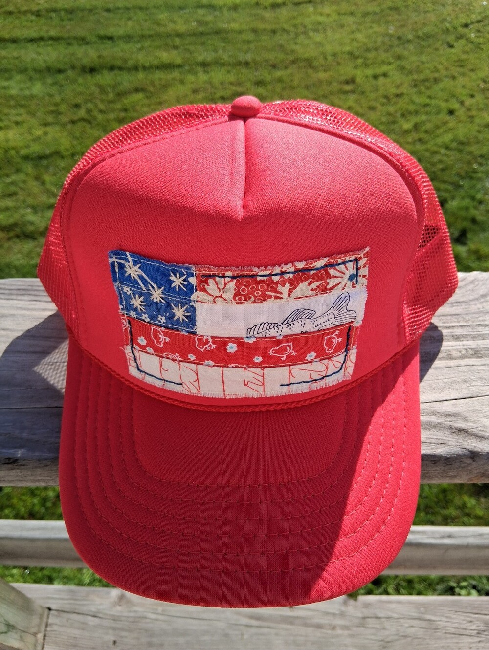 Red Trucker Hat with Handmade Flag Patch